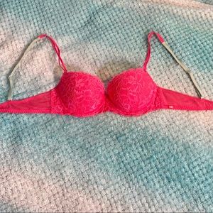 Victoria's Secret Pink Date Push Up Bra. Bright neon pink with lace design.